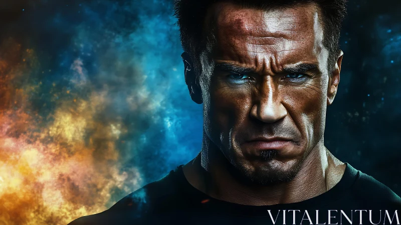 Intense male portrait in dual-toned cosmic light gradient.