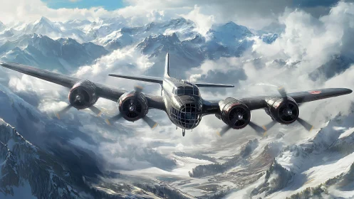 Four engine bomber aircraft over dramatic snowy peaks.