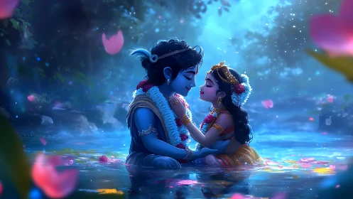 Two figures sit in luminescent water beneath stylized forest environment