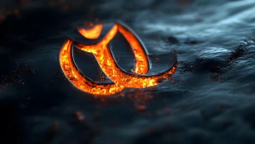 Glowing Abstract Symbol in Molten Lava on Dark Metallic Surface.