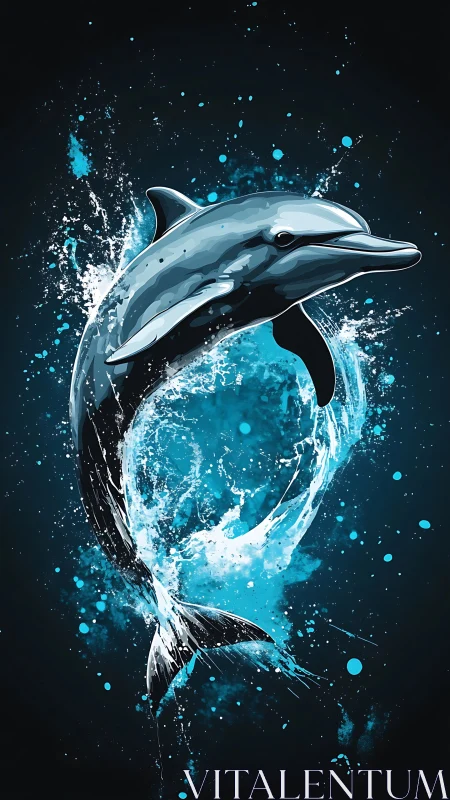 Digital illustration shows dolphin emerging through water arc