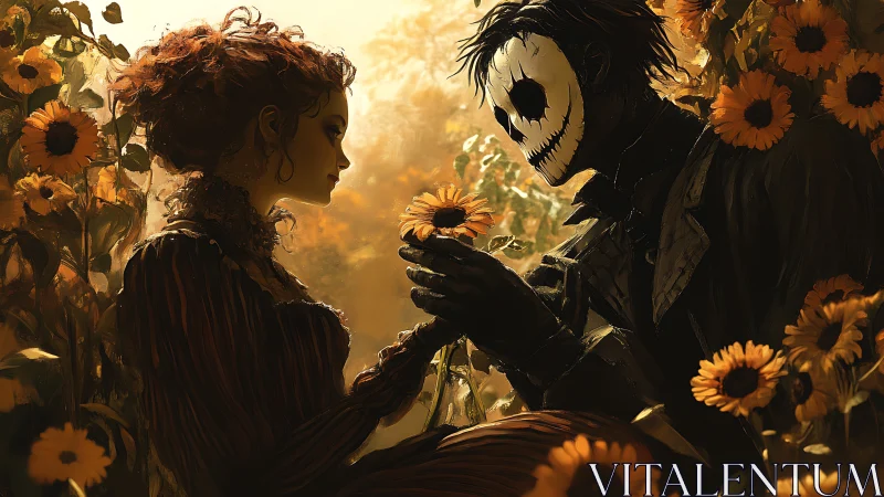 Skeletal Figure Offering Sunflower to Woman in Field