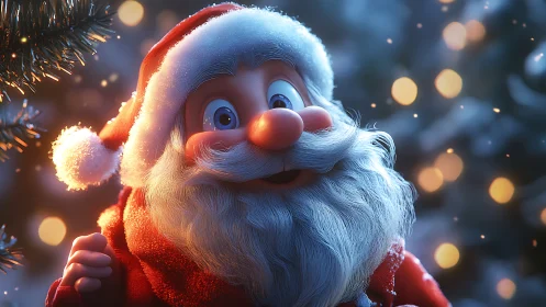 Jolly cartoon Santa glows in twinkling winter starlight.