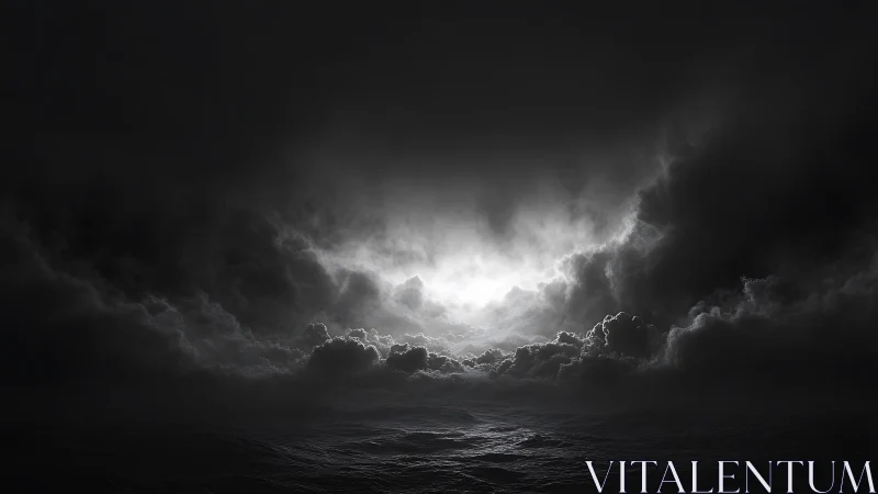 Storm-wracked seascape under blinding rift of light.