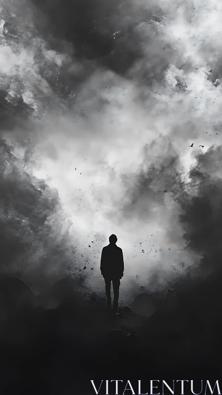 Silhouetted figure standing in dense swirling monochrome fog.