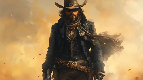 Digital painting of lone gunslinger framed in desert storm.