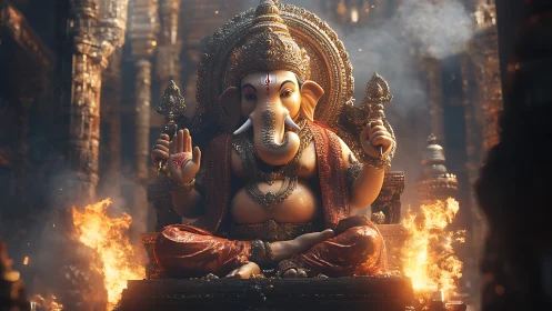 Golden temple glow around serene Ganesha statue in firelit calm.