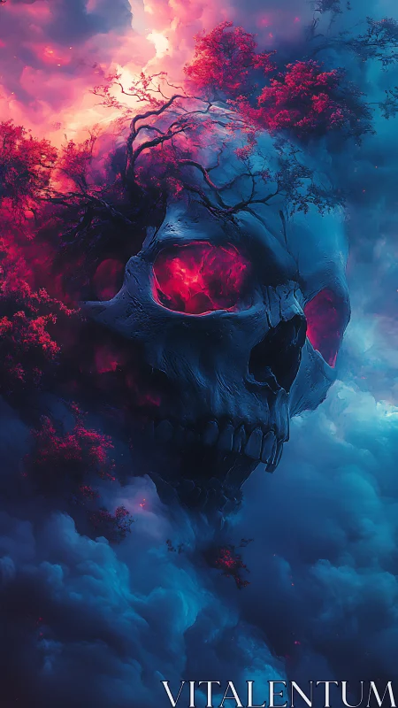 Colossal skull cloud drifts through neon storm sky.