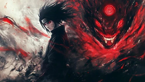 Dark anime warrior channels swirling red demon energy