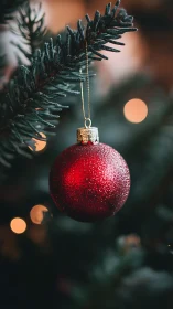 Red Christmas ornament hanging on green fir branch.