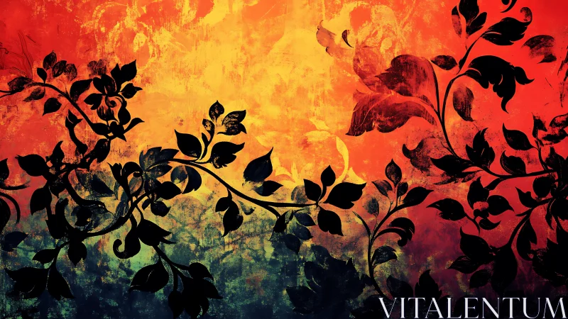 Floral silhouette vines over fiery grunge gradient field.