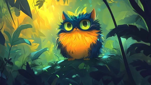 Stylized bioluminescent creature sits in dense jungle foliage