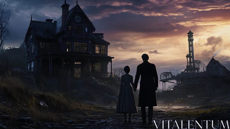 Couple Holding Hands at Twilight by a Mysterious Old Home.