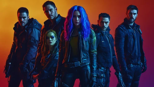 Neon-haired rebel squad stalks through blazing sci-fi dusk.