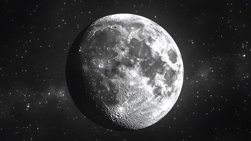 Quiet silver moon drifting through a star scattered night sky.