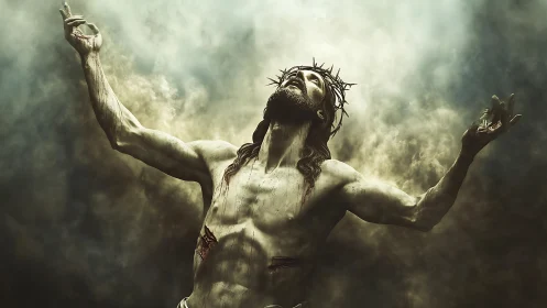 Crowned figure ascends in stormlit clouds of devotion.