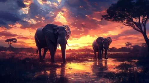 Elephants wade through glowing sunset waters on the savanna.