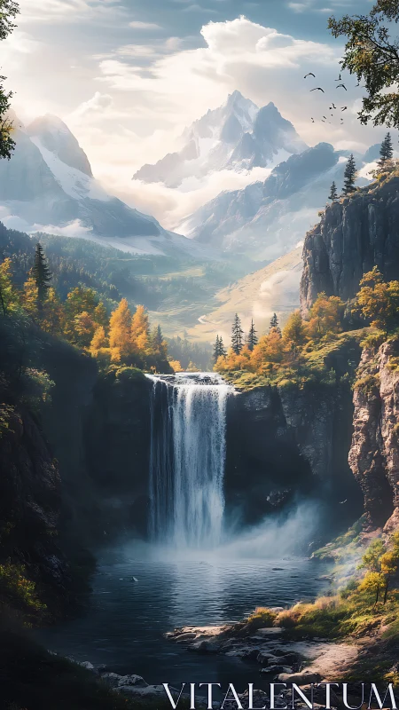Cascading alpine waterfall anchors a luminous glacial valley