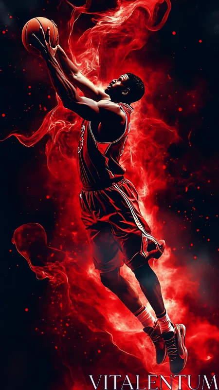 Flaming courtbound dunker ignites a molten red sky of motion.