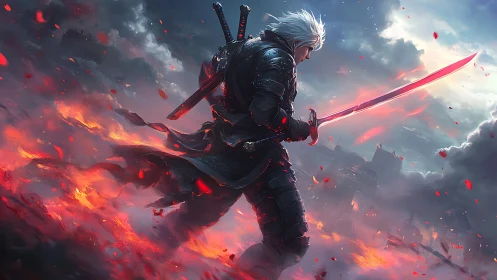 Armored white-haired swordsman strides through embers with glowing katana