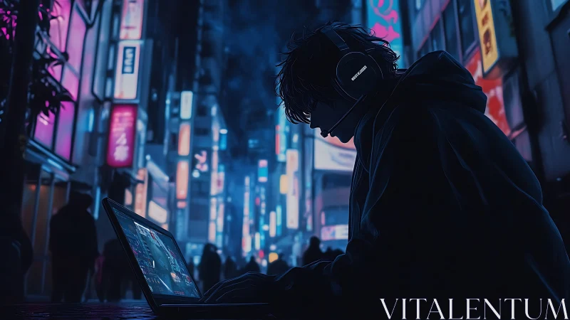 Silhouetted headset user with laptop in neon urban street.