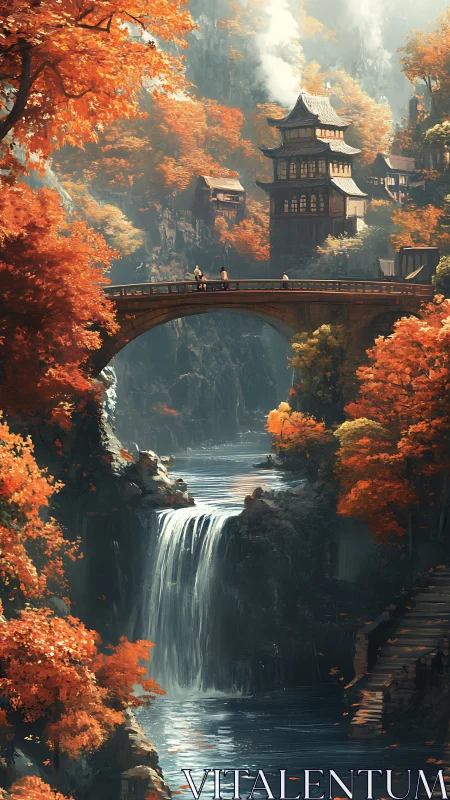 Autumn gorge temple above cascading mountain waterfall.