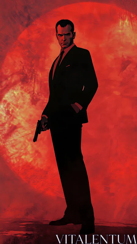 Gunman in tailored suit stands against blazing red sun
