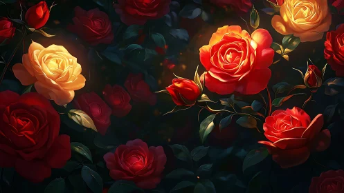 Glowing Roses in Darkness: Luminescent Red and Gold Blooms.