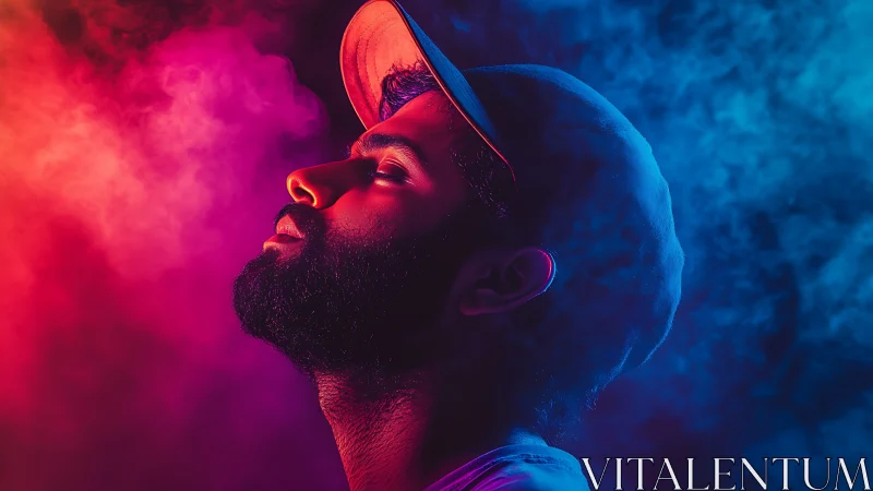 Bicolor vapor portrait under opposing magenta cyan gels.