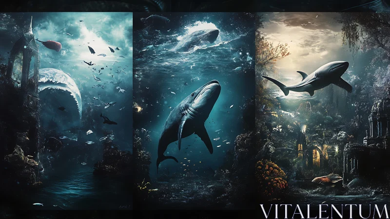 Triptych of sharks in submerged ruins and seascape environments.