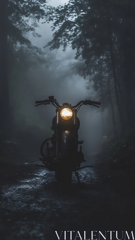 Motorcycle headlamp cuts through dense fog on forest trail