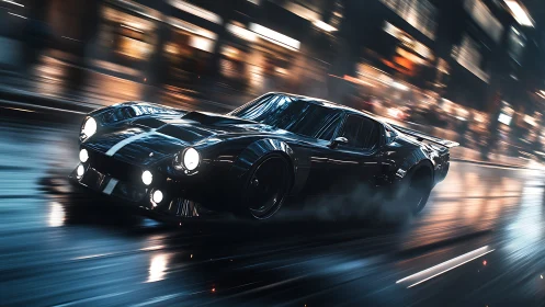 Midnight muscle car slicing through neon city rainstorm.