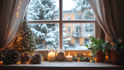 Winter window with candles, plants and soft snow view.