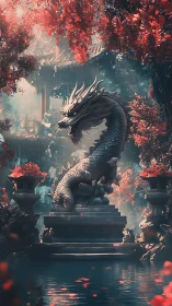 Serpentine dragon statue amid scarlet temple garden mist.
