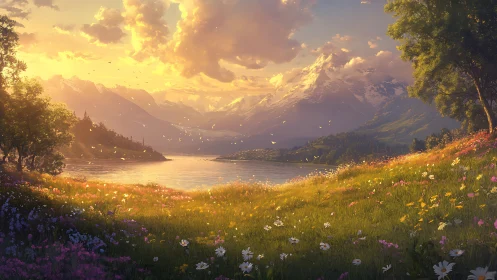 Sunlit alpine lake with wildflower meadow and golden haze.