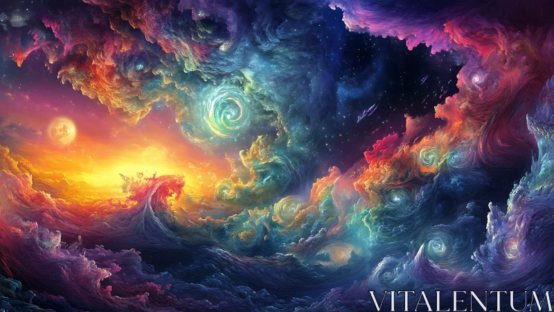 Cosmic storm clouds swirl around radiant twin suns