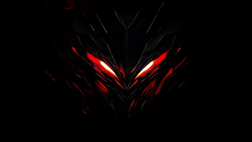 Mechanical demonic face shows glowing red eyes in darkness