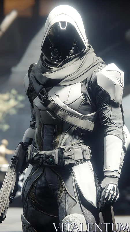 Hooded sci fi guardian poised in sleek white battle armor.