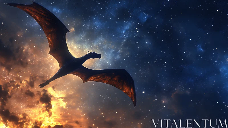 Silhouetted dragon figure against star field and cloud glow.