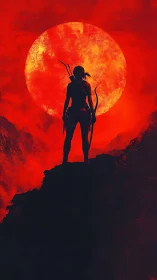 Silhouetted archer stands before large red sun.