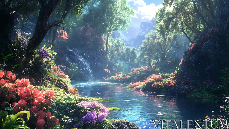 Whispering river glade under spellbound sapphire daylight.