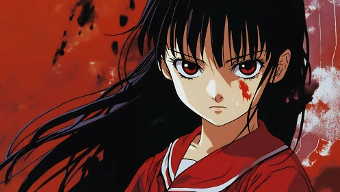 Bloodstained anime girl against intense red abstract sky.