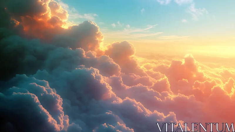 Sunlit storm clouds glow above bright pastel horizon