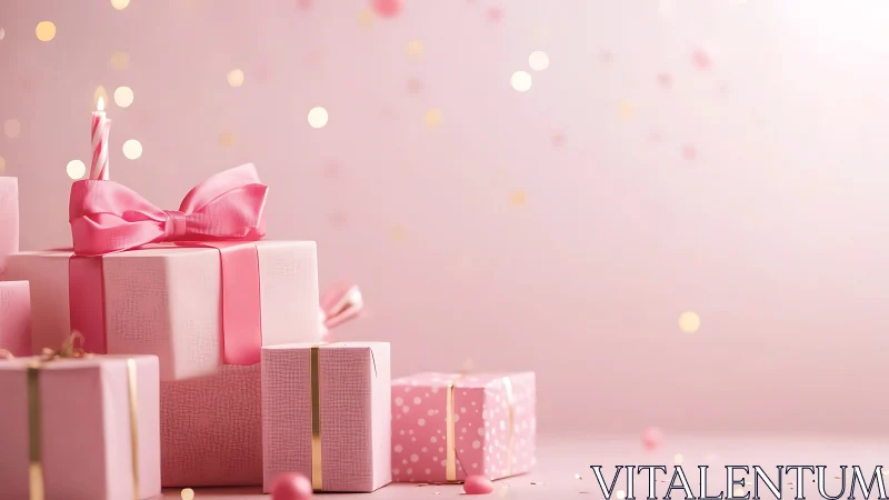 Arrangement of wrapped gift boxes against pink background.