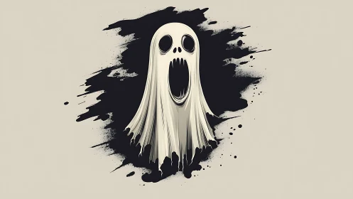 Screaming ghost erupts from black ink splash background.
