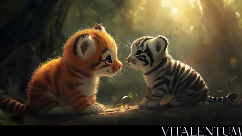 Two Enchanted Cubs Share Golden Hour Secrets in Mystical Forest Glow