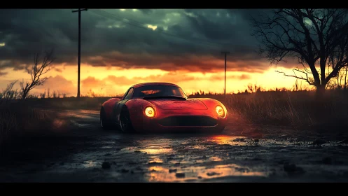 Red sports coupe is parked on a wet rural dirt road at dusk