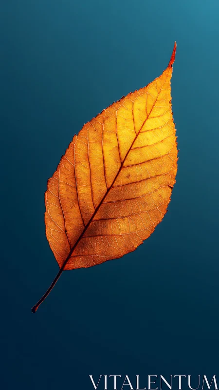 Golden autumn leaf glowing softly against deep blue sky.