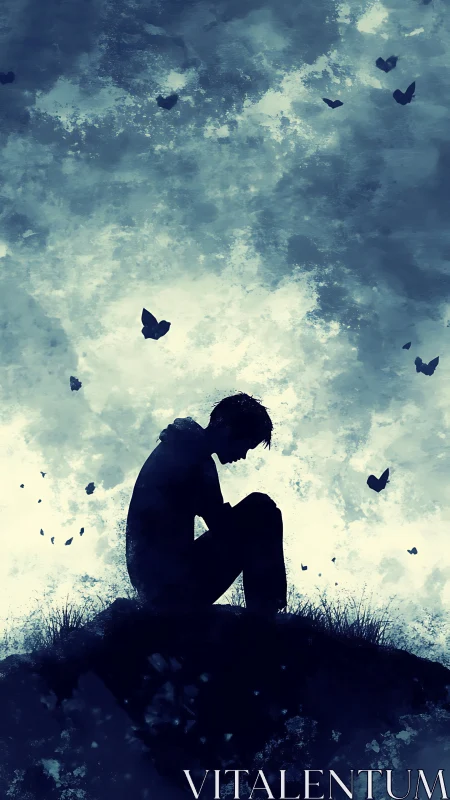 Solitary silhouette sits beneath stormy sky as butterflies rise