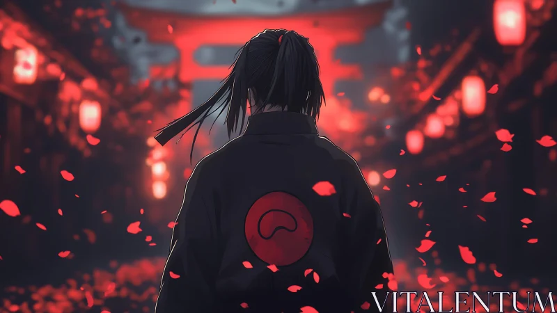 Solitary wanderer under red lanterns and drifting petals.